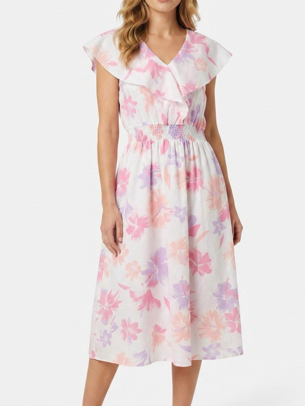 Vintage Floral Ruffle Midi Dress in Pastel Pink